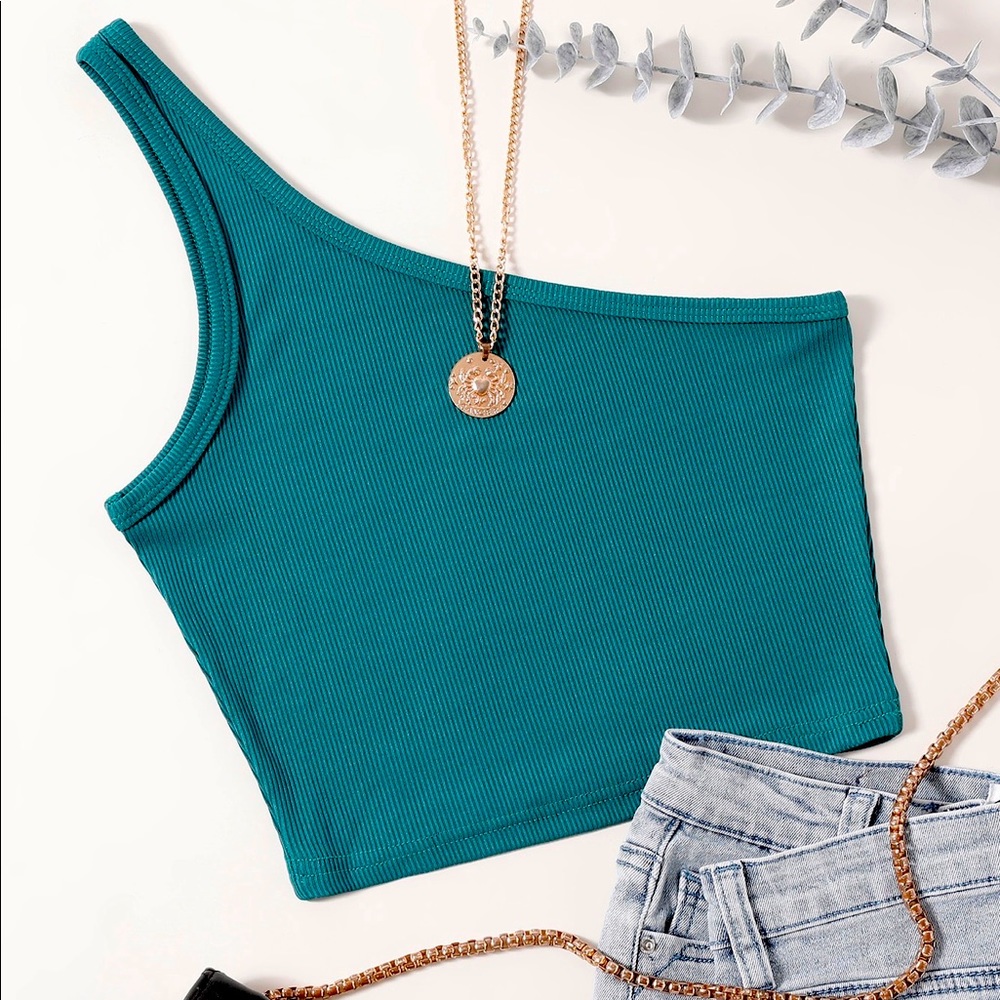 Dark teal one shoulder cropped tank